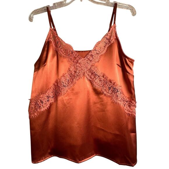 Elegant Lace Trim Satin Blouse - Rust - Picture 4 of 16